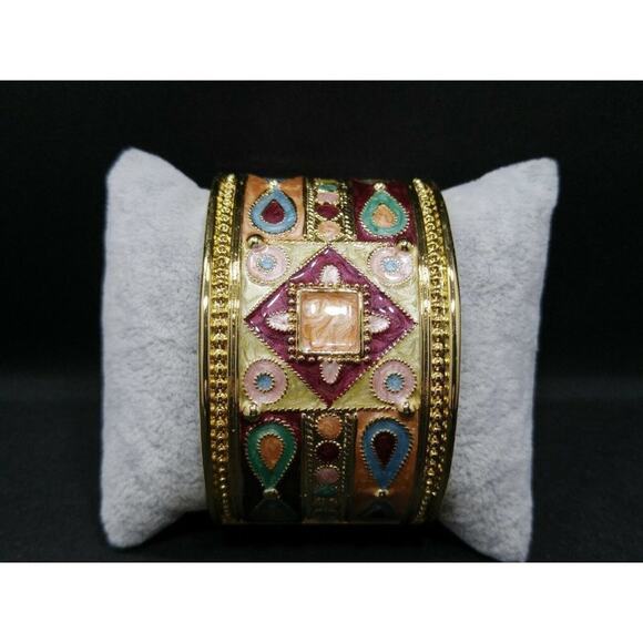 Wide Bangle Bracelet, Hinged Closure, Peach Pink Turquoise Enamel, 7 3/4 Inches - Picture 12 of 12